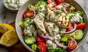 Tzatziki Chicken Salad with Creamy Greek Yogurt Dressing Tzatziki Chicken Salad with grilled chicken, crisp vegetables, feta cheese, and creamy Greek yogurt dressing in large white bowl