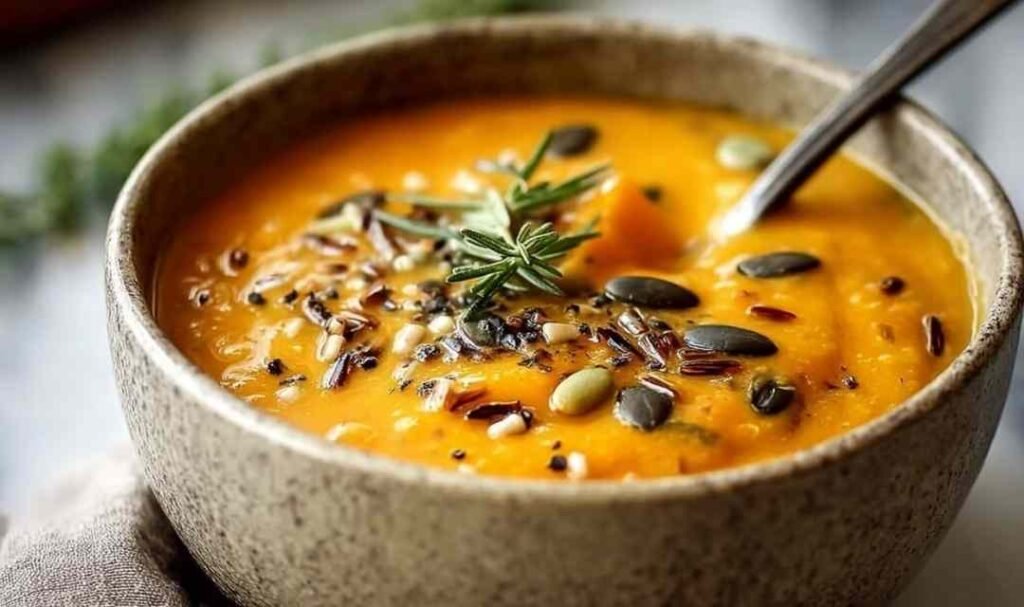 Bowl of vegan pumpkin wild rice soup garnished with fresh herbs and pumpkin seeds on rustic wooden table