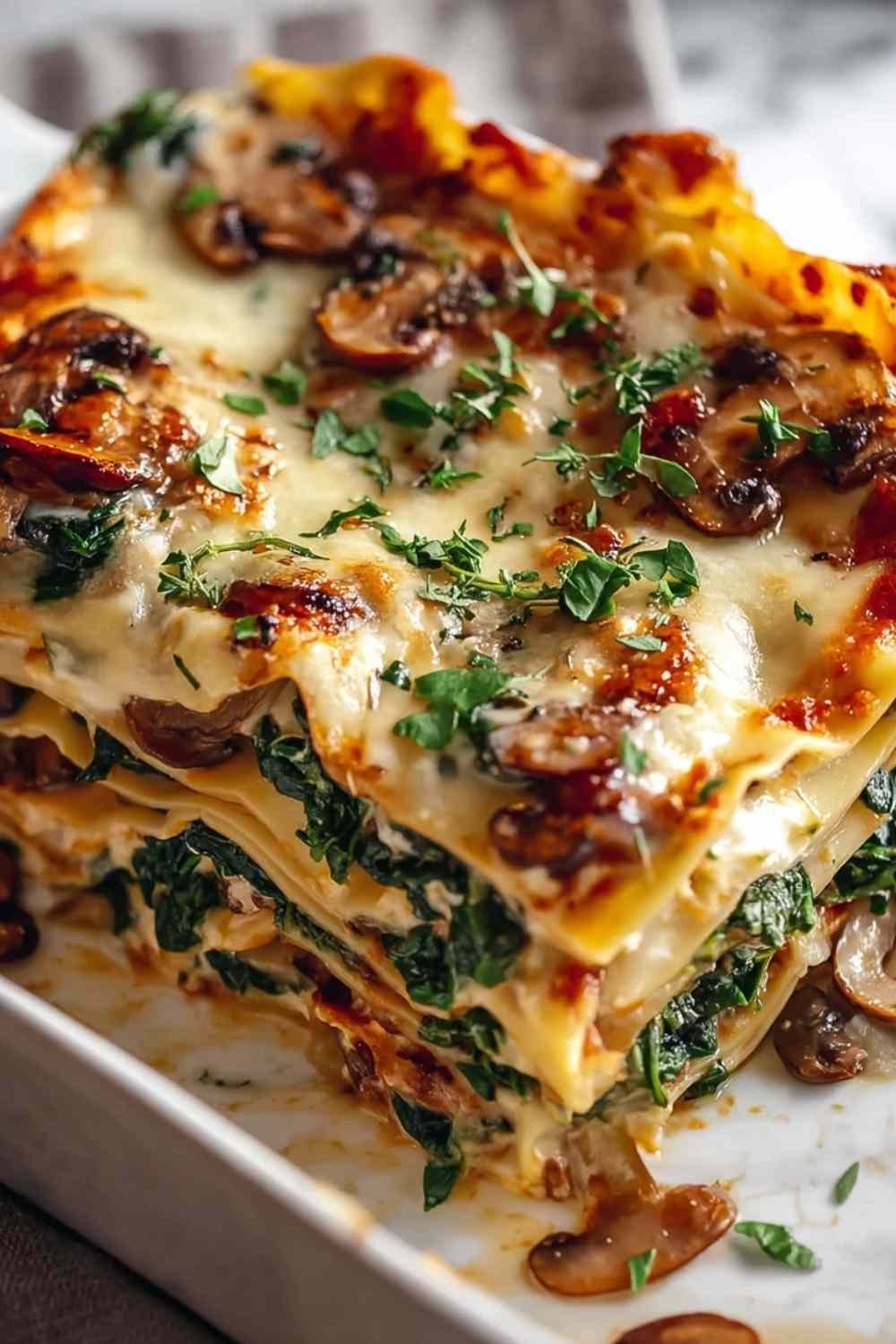 Vegetarian mushroom and spinach lasagna in baking dish with golden melted cheese on top