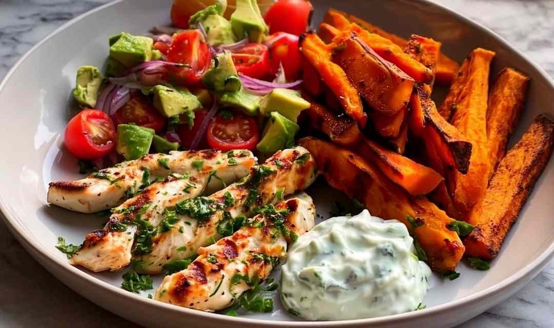 Grilled Herb Chicken with Sweet Potato Fries and Avocado Salsa