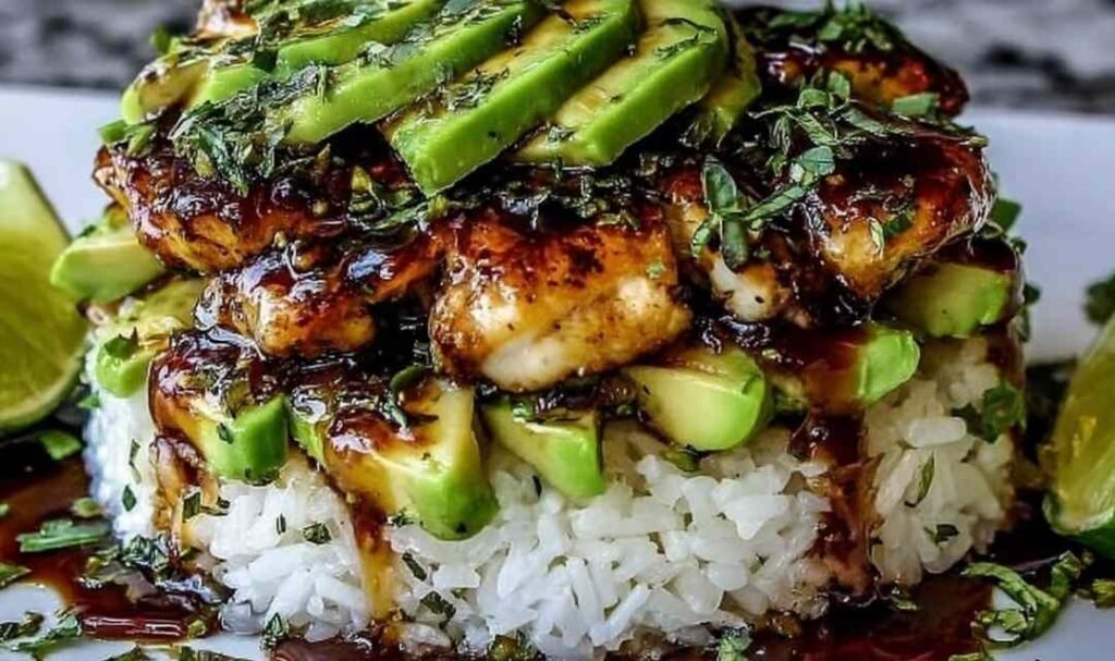 Honey Lime Chicken Avocado Rice Stack