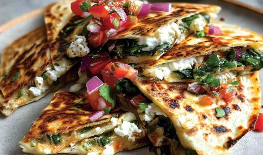 Mediterranean Quesadillas with Spinach, Feta, and Mozzarella
