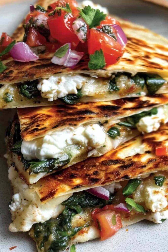 Mediterranean Quesadillas with Spinach, Feta, and Mozzarella