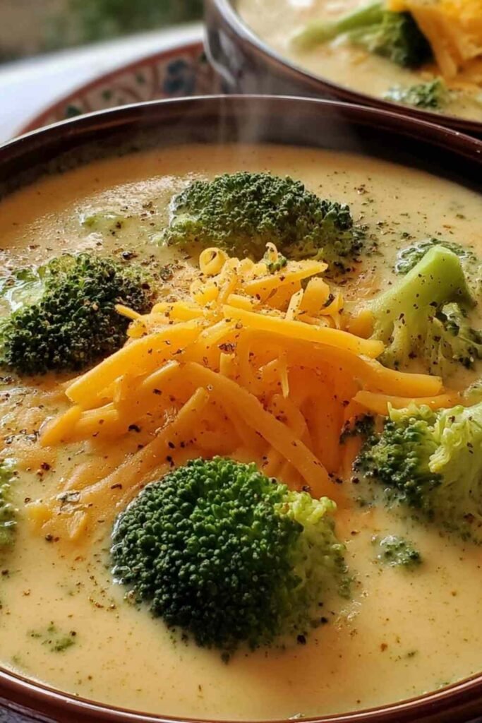 Bowl of creamy broccoli cheddar soup with fresh broccoli florets and melted cheddar cheese