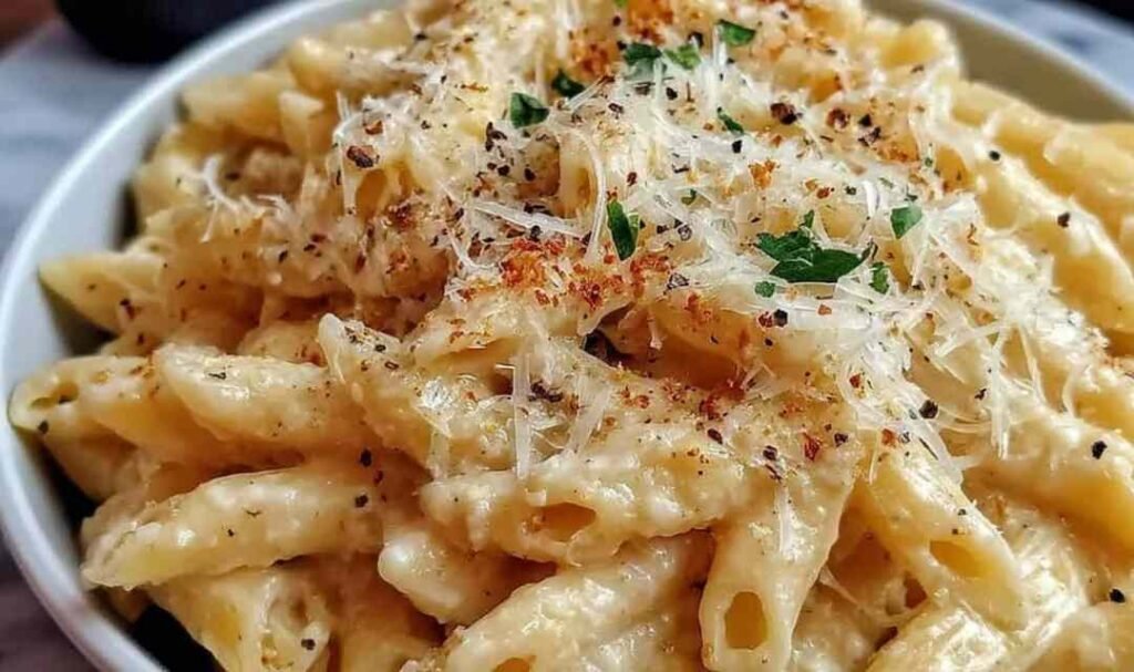5 Ingredient Garlic Parmesan Pasta in a skillet with freshly grated Parmesan and minced garlic
