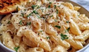 5 Ingredient Garlic Parmesan Pasta in a skillet with freshly grated Parmesan and minced garlic