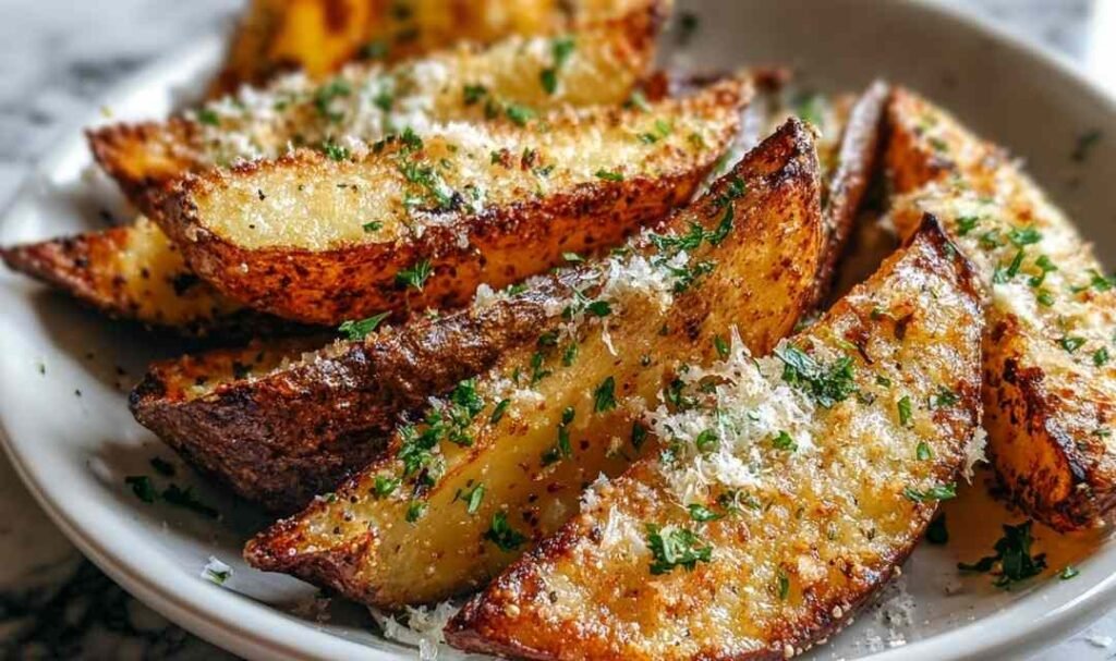 Baked Garlic Parmesan Potato Wedges with crispy golden brown edges arranged on baking sheet