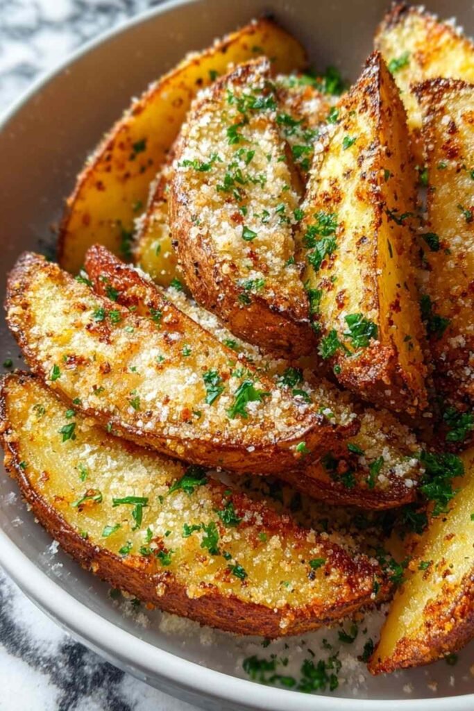 Baked Garlic Parmesan Potato Wedges with crispy golden brown edges arranged on baking sheet