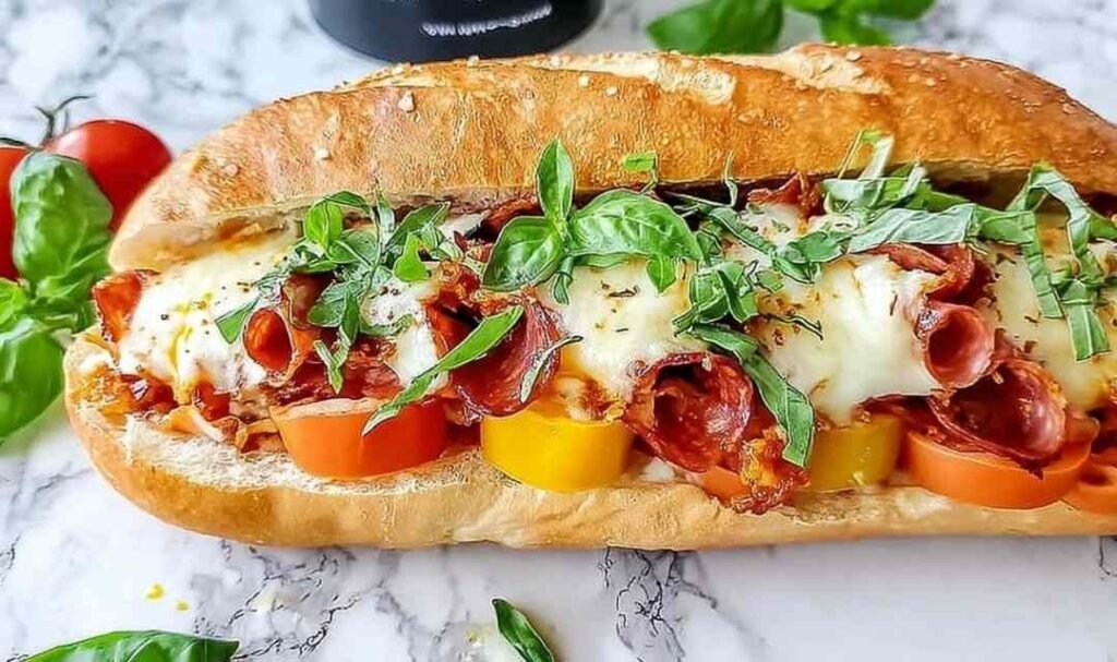 Baked Italian grinder sandwiches on a baking sheet with bubbling melted mozzarella, provolone, layers of salami, ham, pepperoni, roasted red peppers, and fresh basil