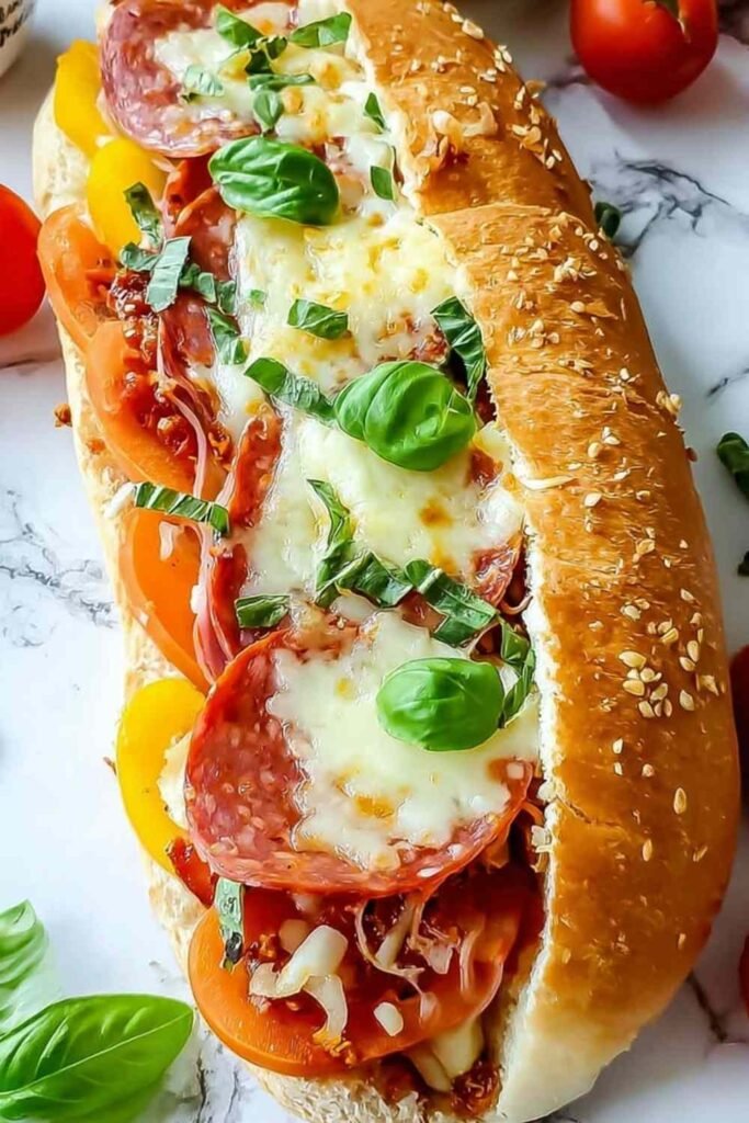 Baked Italian grinder sandwiches on a baking sheet with bubbling melted mozzarella, provolone, layers of salami, ham, pepperoni, roasted red peppers, and fresh basil