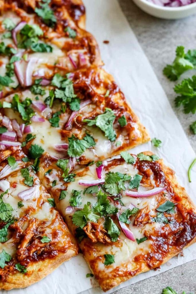 BBQ chicken crust pizza on a baking sheet with melted mozzarella, crumbled bacon, and red onion