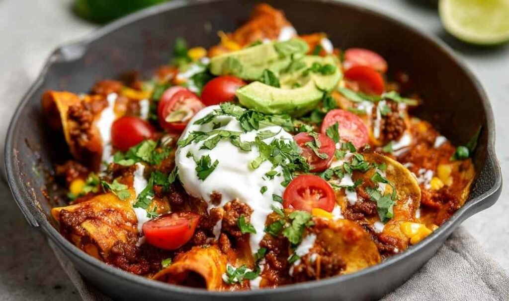 Beef skillet enchiladas with melted cheese, ground beef, black beans and corn tortillas in cast iron pan