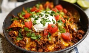 Beef skillet enchiladas with melted cheese, ground beef, black beans and corn tortillas in cast iron pan