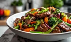 Beef stir fry with vegetables served over steamed rice with colorful bell peppers and broccoli