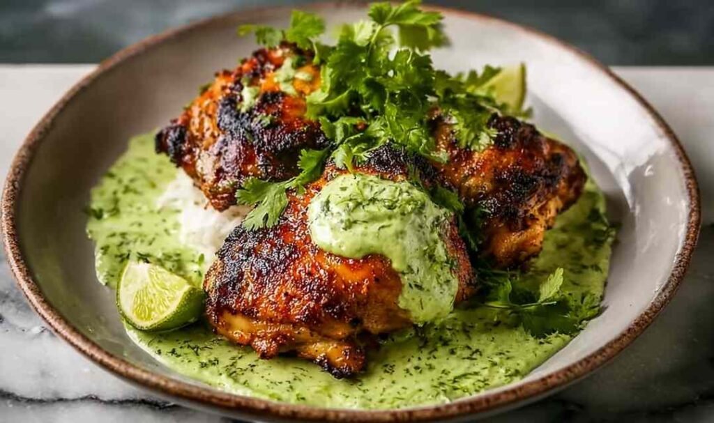 peruvian chicken with creamy green sauce roasted on wire rack with golden crispy skin