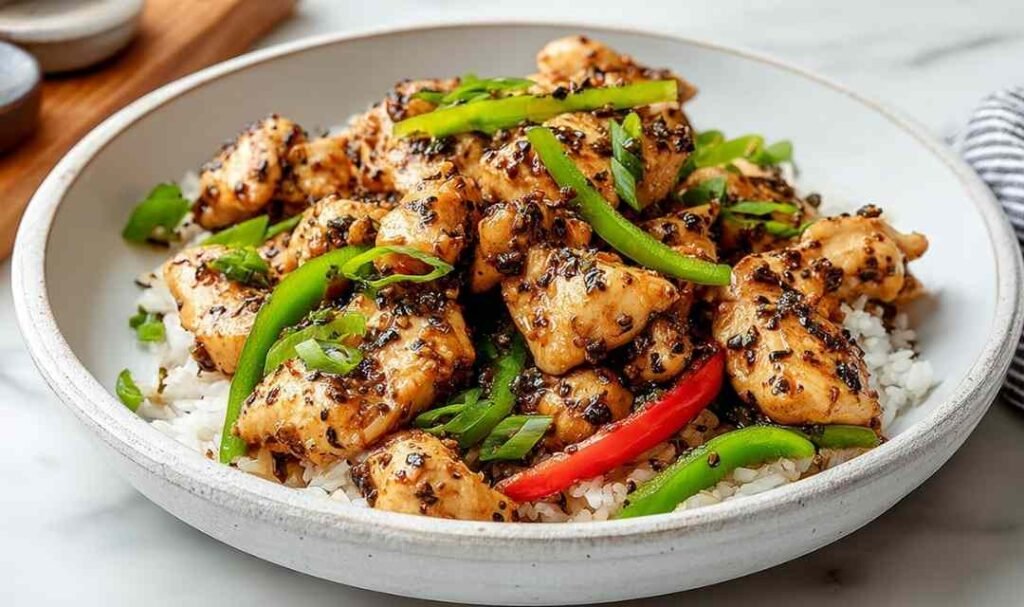 Black Pepper Chicken with crisp bell peppers and onions in a glossy black pepper sauce served over steamed white rice