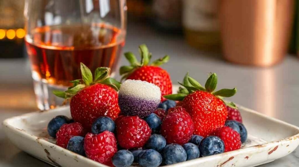 Boozy berries dipped in white chocolate with edible glitter sparkling coating on parchment paper