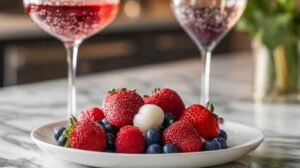 Boozy Berries Boozy berries dipped in white chocolate with edible glitter sparkling coating on parchment paper