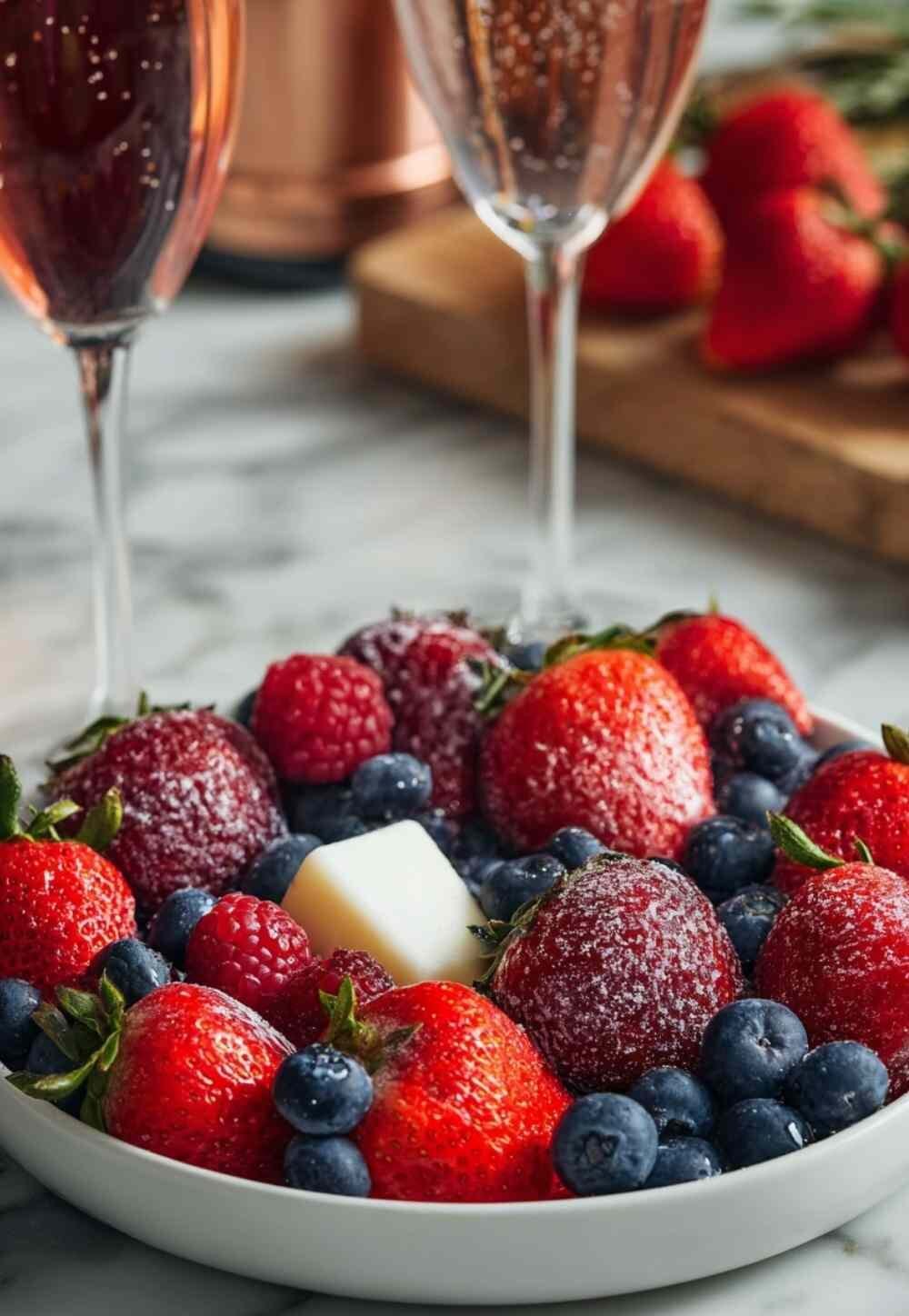 Boozy berries dipped in white chocolate with edible glitter sparkling coating on parchment paper