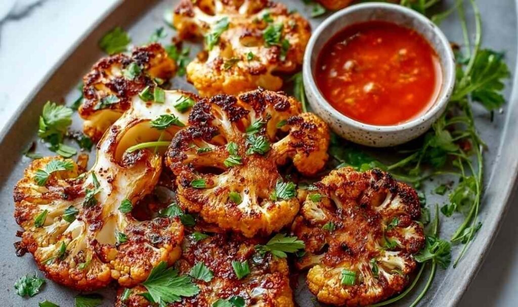 Buffalo cauliflower steak with caramelized spicy glaze served with vegan ranch dressing and celery sticks