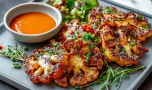 Buffalo cauliflower steak with caramelized spicy glaze served with vegan ranch dressing and celery sticks