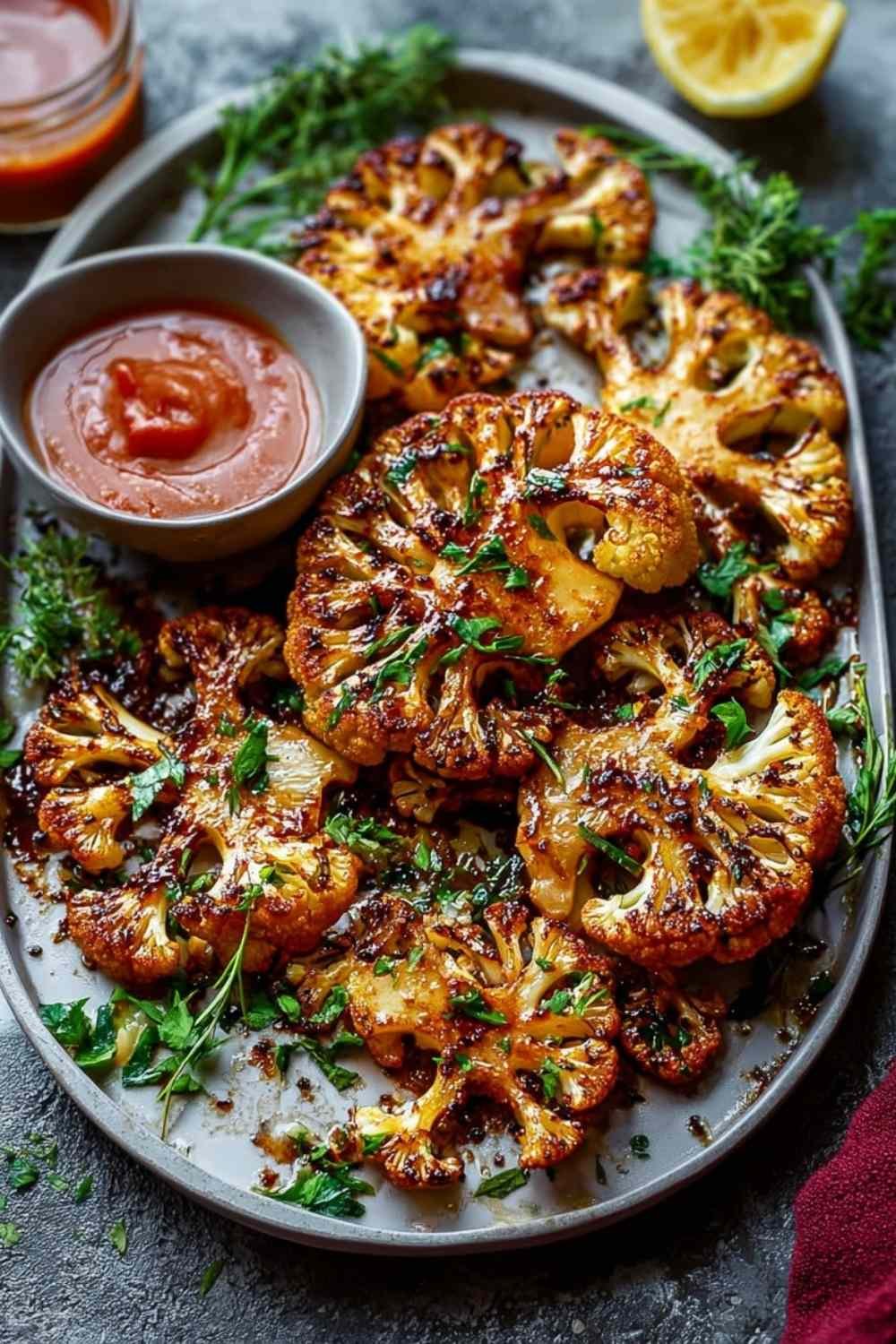Buffalo cauliflower steak with caramelized spicy glaze served with vegan ranch dressing and celery sticks