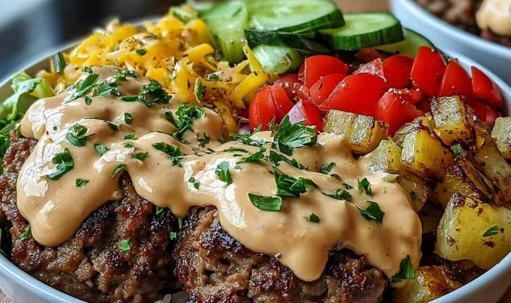 Burger bowl with seasoned ground beef shredded lettuce cherry tomatoes pickles cheddar cheese and ketchup mustard sauce over brown rice