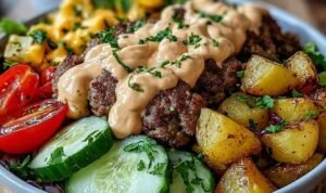 Burger bowl with seasoned ground beef shredded lettuce cherry tomatoes pickles cheddar cheese and ketchup mustard sauce over brown rice