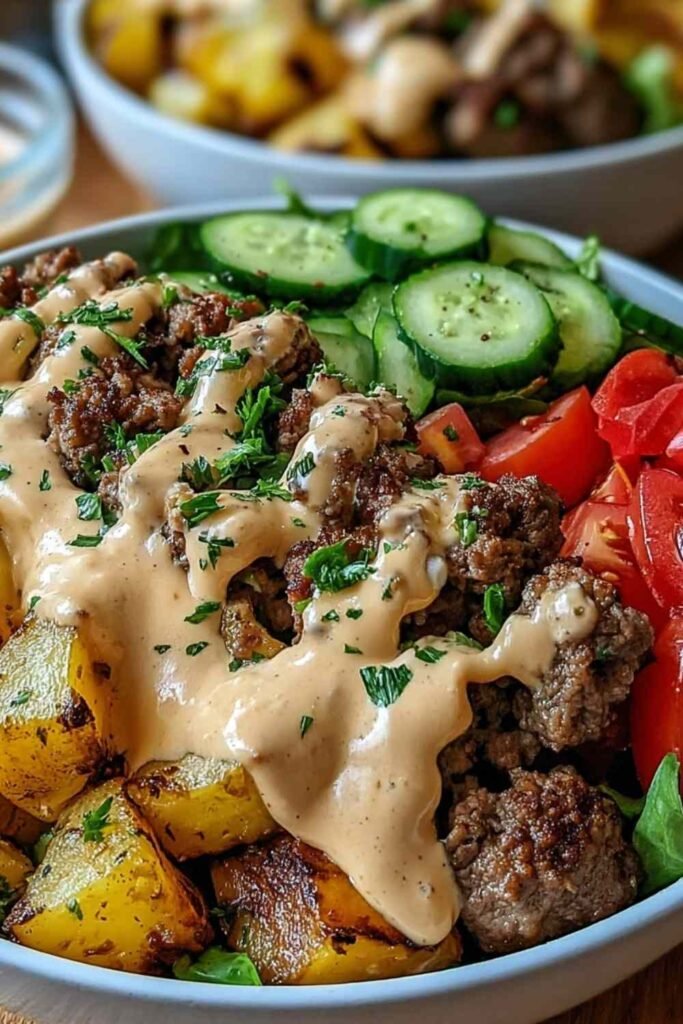 Burger bowl with seasoned ground beef shredded lettuce cherry tomatoes pickles cheddar cheese and ketchup mustard sauce over brown rice