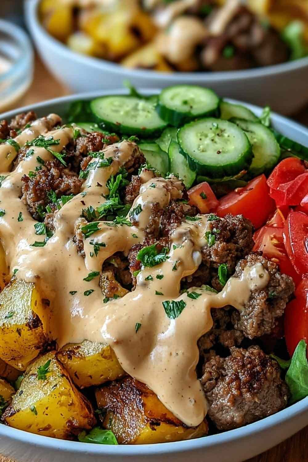 Burger bowl with seasoned ground beef shredded lettuce cherry tomatoes pickles cheddar cheese and ketchup mustard sauce over brown rice