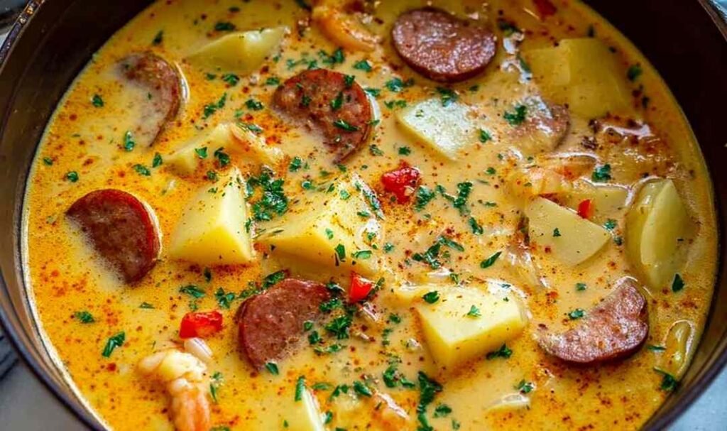 Cajun potato soup in a white bowl with sliced andouille sausage tender potatoes and fresh parsley garnish in a creamy spiced cheddar broth
