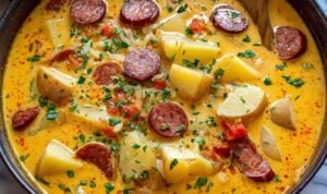 Cajun potato soup in a white bowl with sliced andouille sausage tender potatoes and fresh parsley garnish in a creamy spiced cheddar broth
