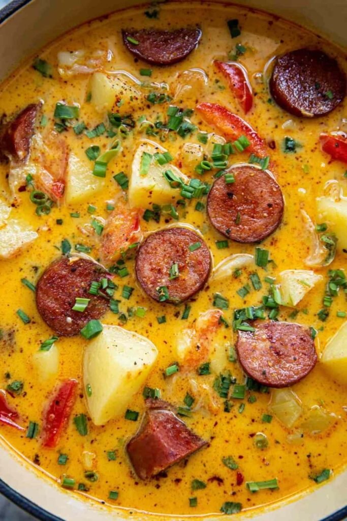 Cajun potato soup in a white bowl with sliced andouille sausage tender potatoes and fresh parsley garnish in a creamy spiced cheddar broth
