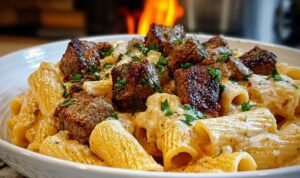 Cajun steak tips in cheesy rigatoni Parmesan sauce served in a skillet with fresh herbs