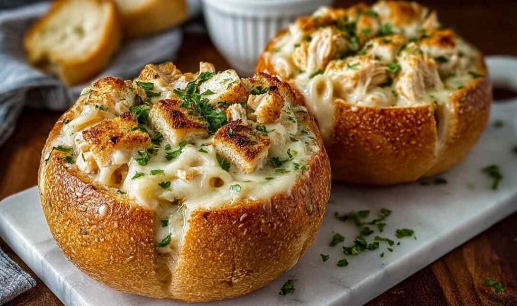 Chicken Alfredo garlic bread bowls filled with creamy pasta and chicken on serving plate