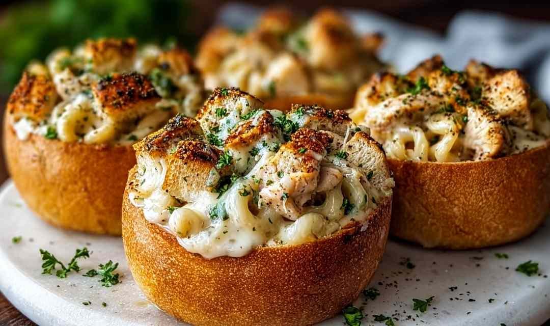 Chicken Alfredo Garlic Bread Bowls
