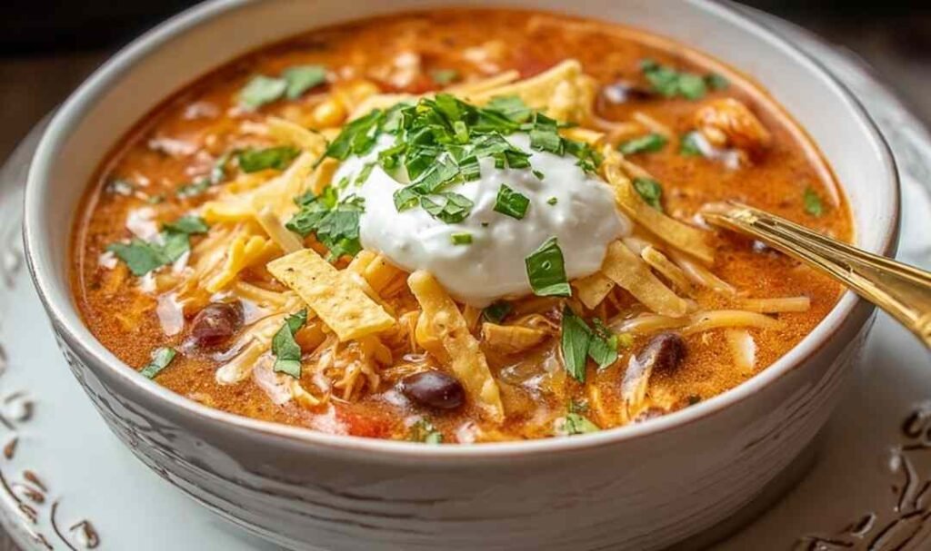 Creamy Chicken Enchilada Soup topped with shredded cheese, sour cream, and tortilla strips in white bowl