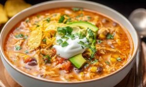 Chicken Enchilada Soup Creamy Chicken Enchilada Soup topped with shredded cheese, sour cream, and tortilla strips in white bowl