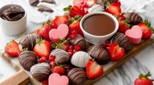 Chocolate and strawberry dessert board arranged on wooden serving platter with truffles cookies and fresh berries for Valentine's Day