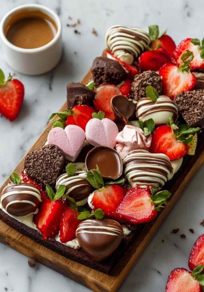 Chocolate and strawberry dessert board arranged on wooden serving platter with truffles cookies and fresh berries for Valentine's Day