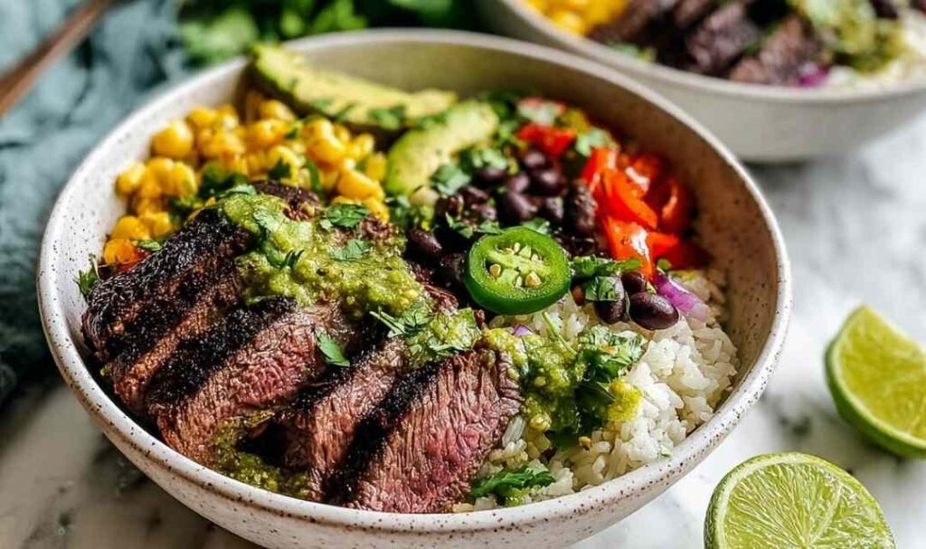 Cilantro lime steak bowls with sliced flank steak rice black beans corn avocado and fresh toppings