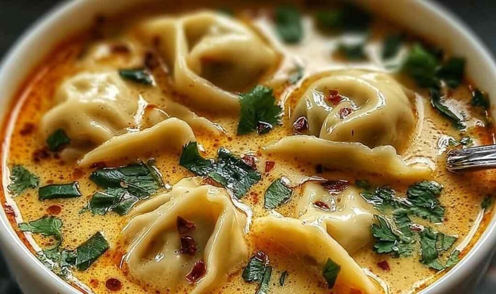 Thai potsticker soup with creamy coconut broth, tender potstickers, cilantro and green onion garnish in white bowl