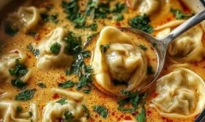 Thai potsticker soup with creamy coconut broth, tender potstickers, cilantro and green onion garnish in white bowl