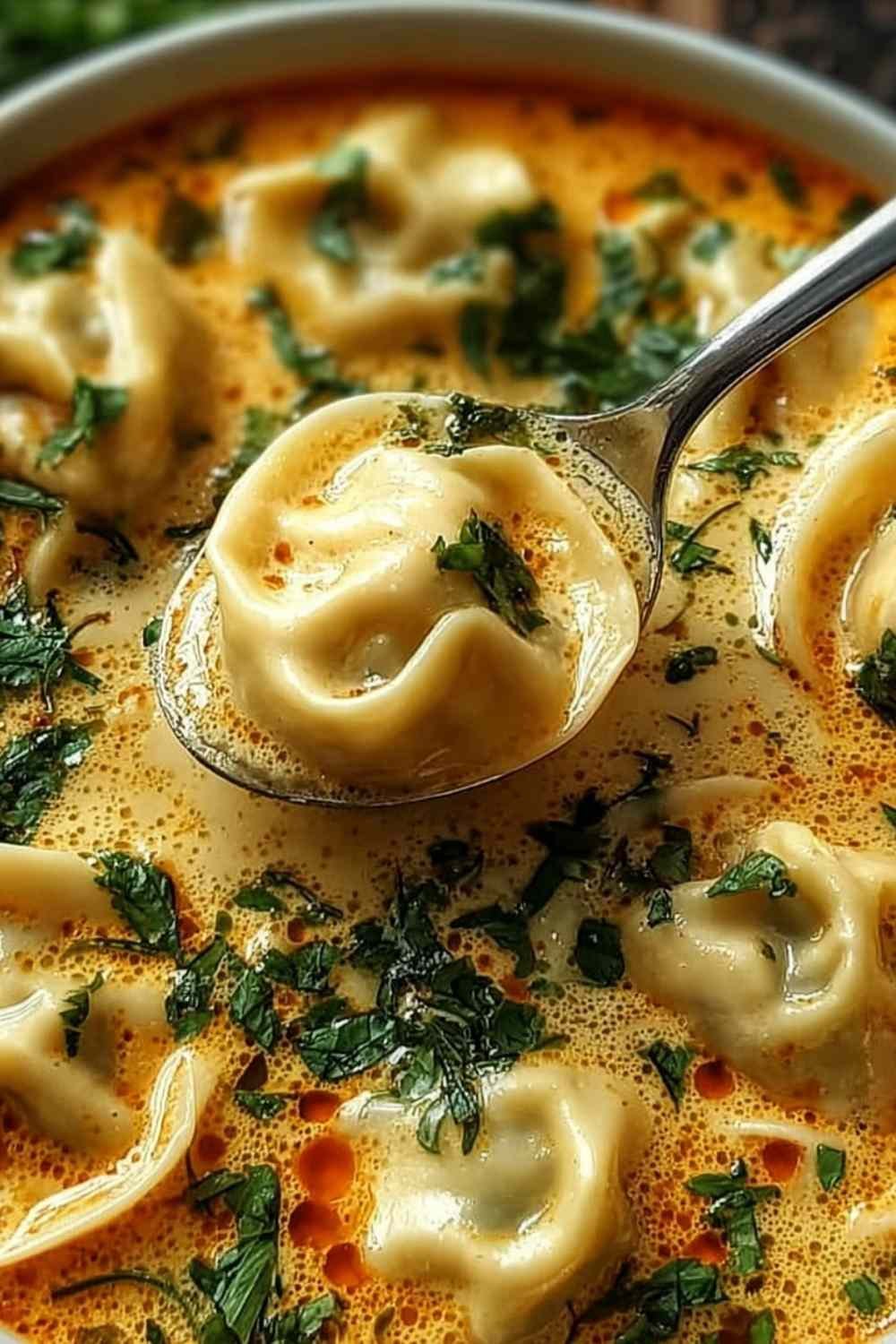Thai potsticker soup with creamy coconut broth, tender potstickers, cilantro and green onion garnish in white bowl