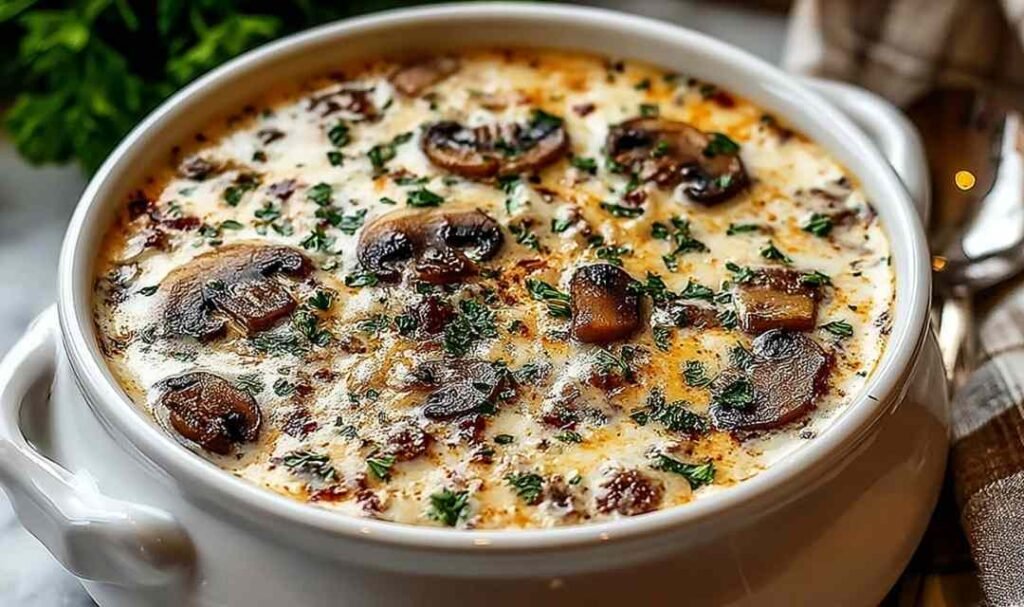 A warm bowl of Cottage Cheese Mushroom Soup garnished with fresh parsley and freshly cracked black pepper
