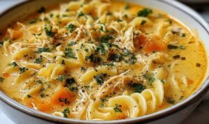 A bowl of crack chicken noodle soup topped with crumbled bacon and chopped green onions