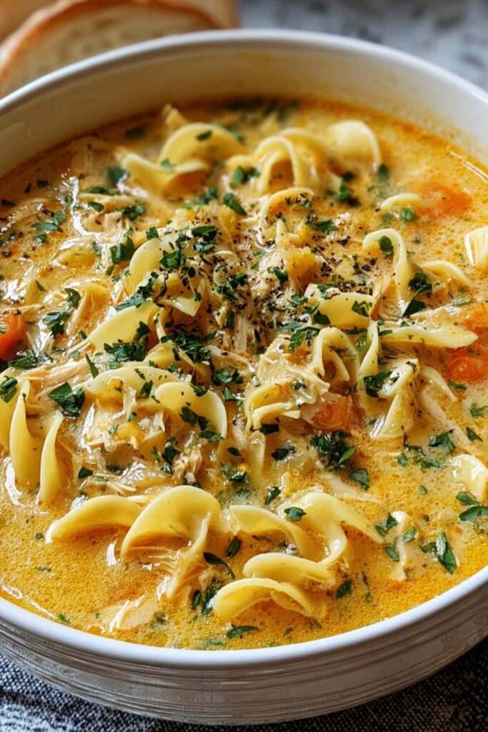 A bowl of crack chicken noodle soup topped with crumbled bacon and chopped green onions