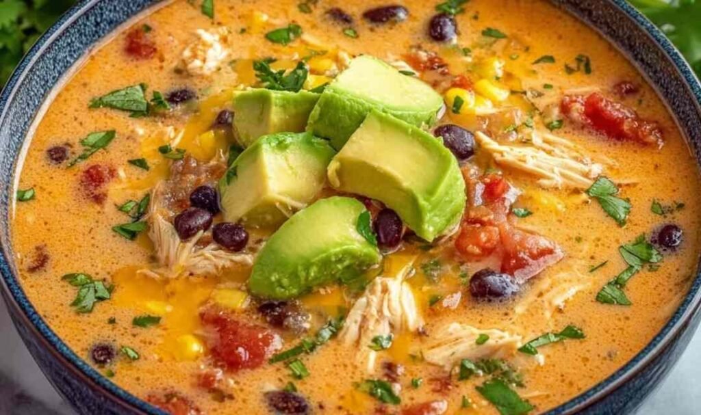 Creamy chicken enchilada soup in a white bowl with shredded chicken black beans kidney beans corn and shredded cheddar cheese in a rich smoky chili broth