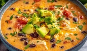 Creamy chicken enchilada soup in a white bowl with shredded chicken black beans kidney beans corn and shredded cheddar cheese in a rich smoky chili broth