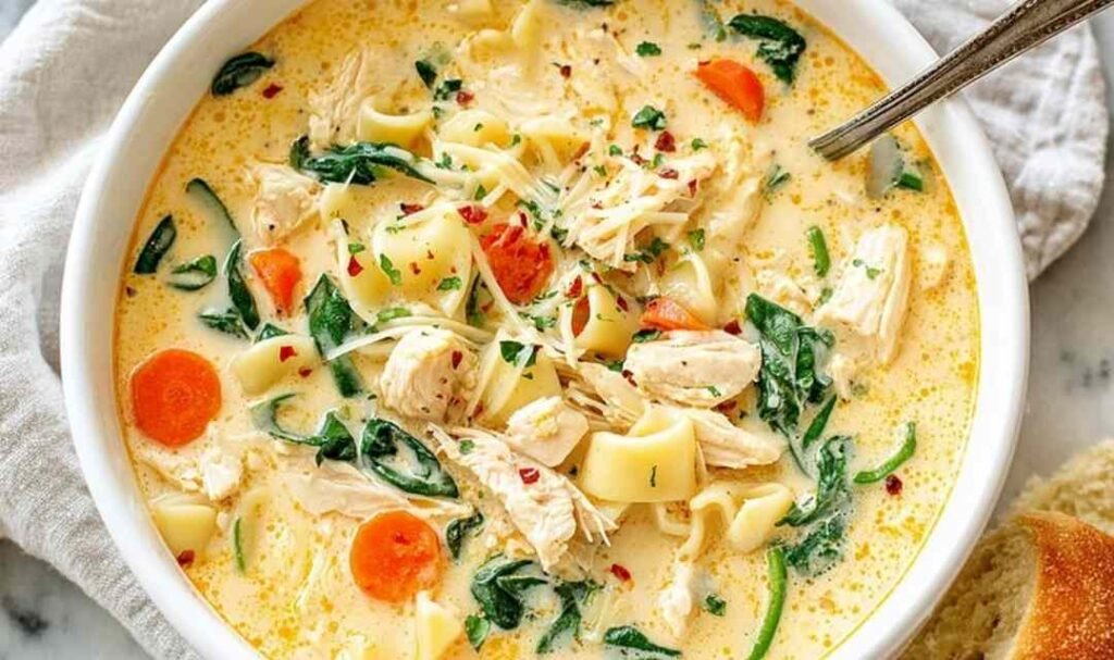 : Overhead view of a bowl of creamy chicken soup with pasta and spinach garnished with freshly grated parmesan cheese